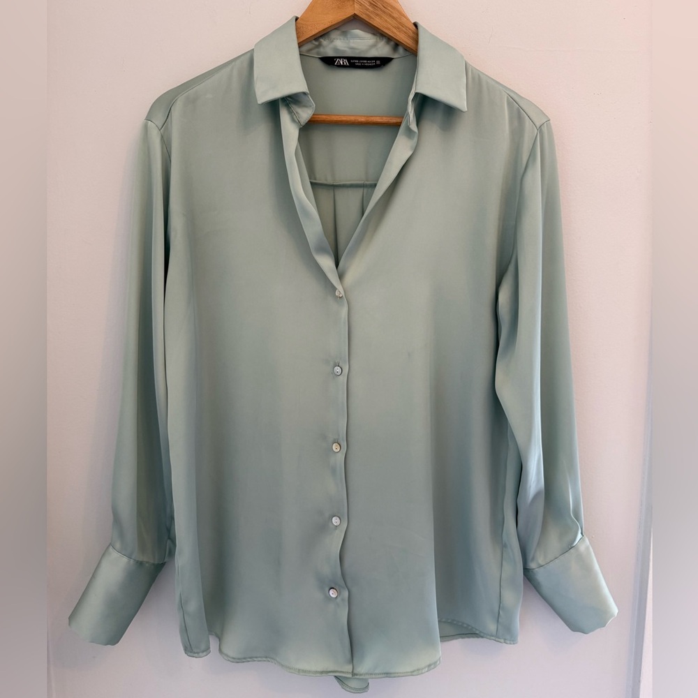 Zara Pale Mint Satin Button-Down Shirt